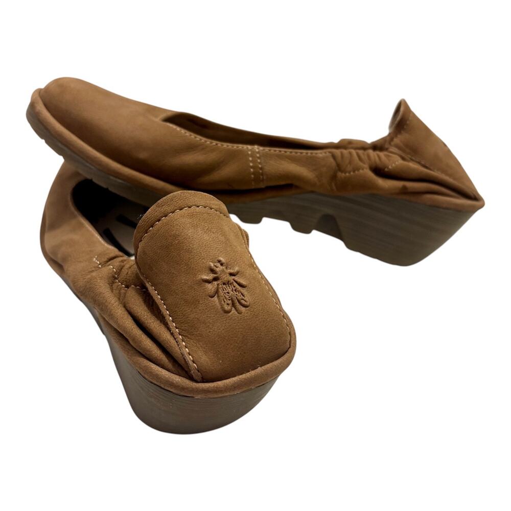 Fly London Yoza Leather Wedge Ballet Flats Brown Scrunch Elastic Sz 39(8-8.5)